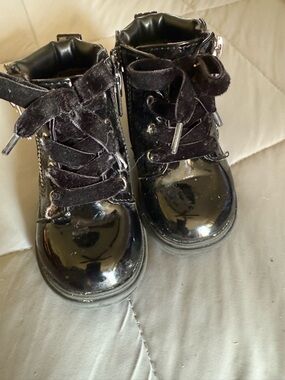 wonder nation Black Patent Velvet-Lace Ankle Boots